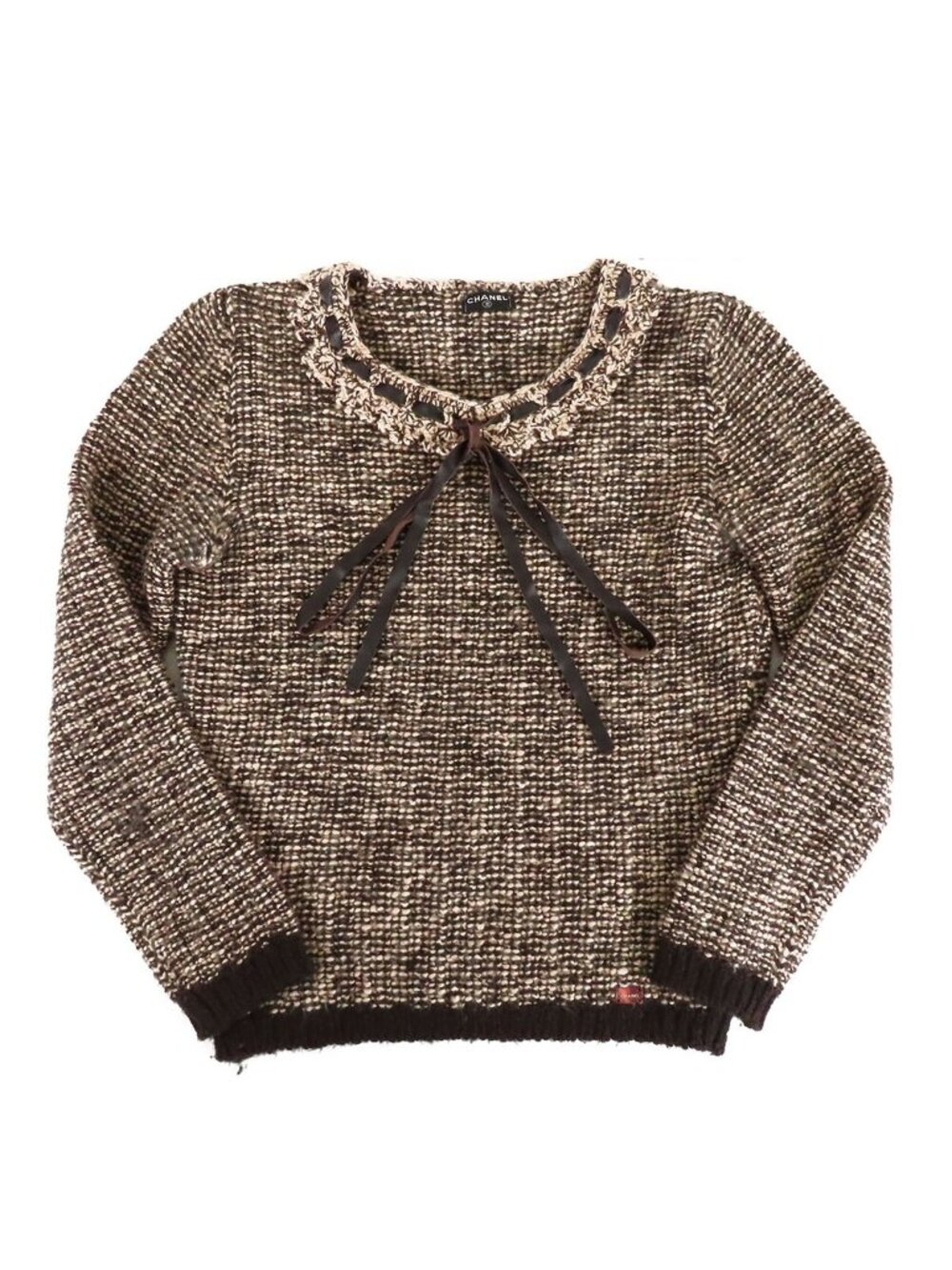 Chanel Ruffle Color Knit Brown Wool Camel Hair Spandex Top Sweater